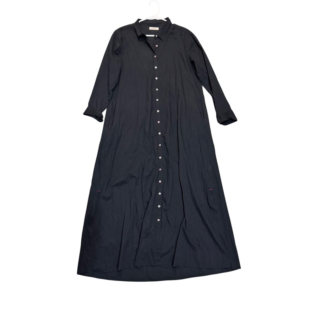 Natural Life Shirt Dress Women M Black Cotton Maxi Button Front Long Slv